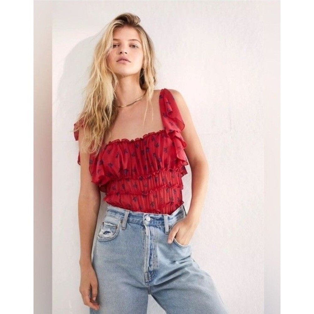 Free People Juliet S Bodysuit Blouse Top Layered Ruffle Red Floral Flutter Sleev
